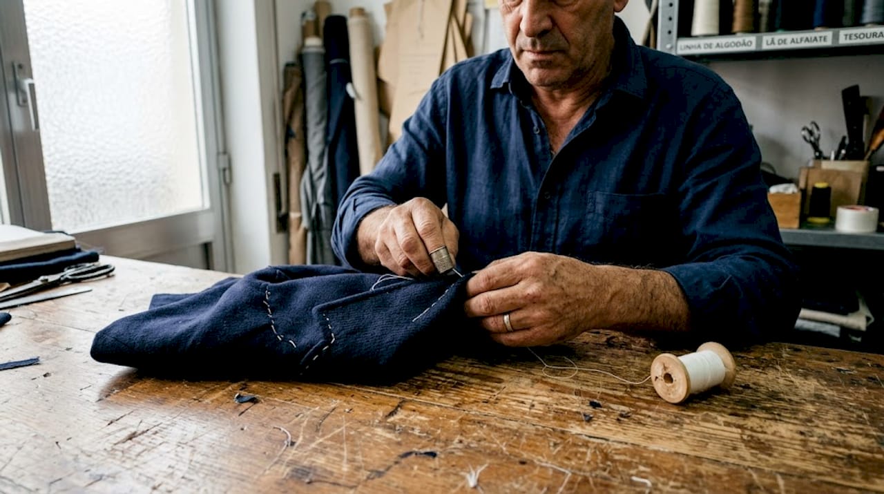 Mãos a coser a lapela de um casaco à mão
