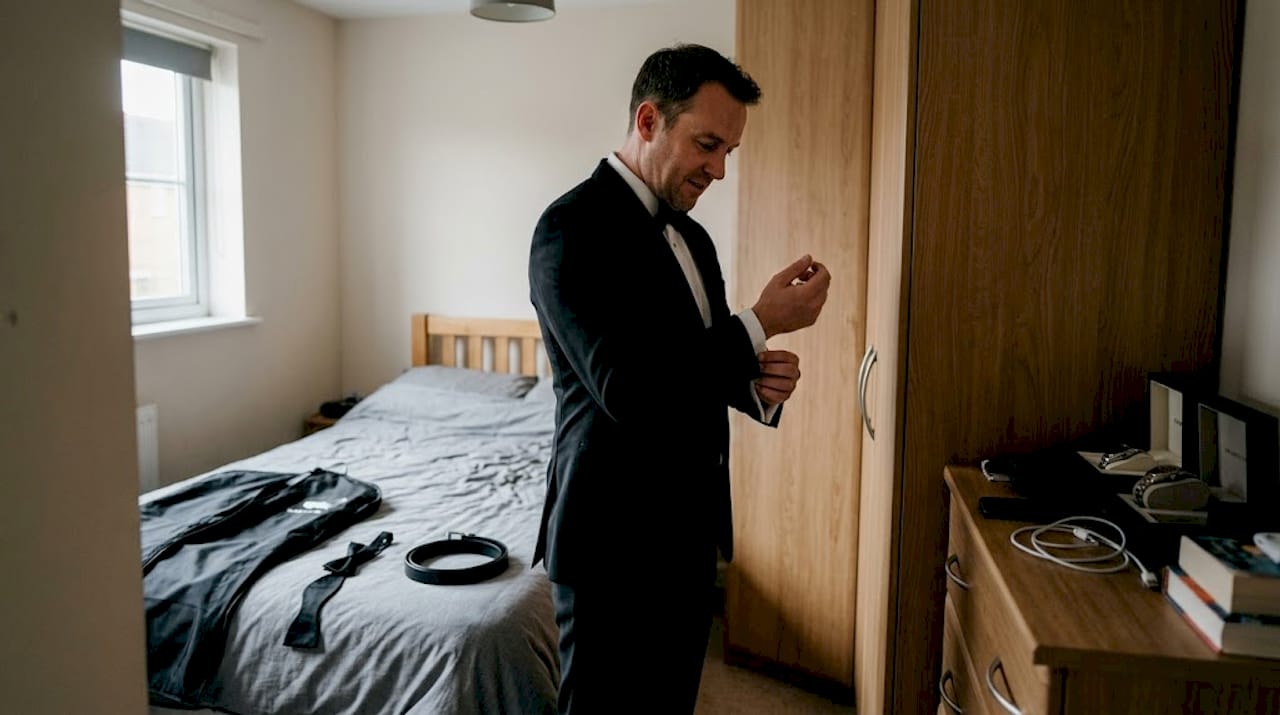 Un homme ajuste son smoking devant le miroir de sa chambre, se préparant minutieusement pour une soirée de gala.