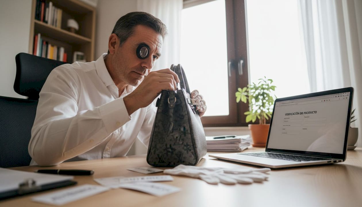 Experto examinando la autenticidad de un bolso de diseñador