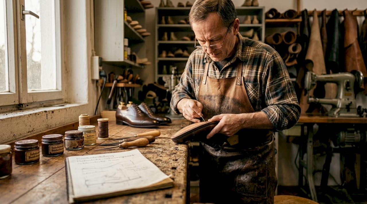 Ein Schuhmacher näht feine Lederschuhe nach Maß.