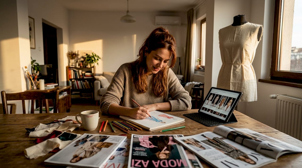 Un designer de modă schițează noi creații, având alături un manechin pe care își testează ideile.