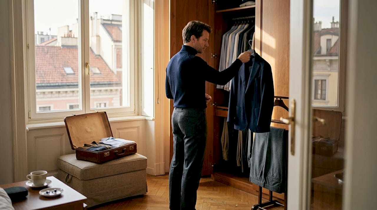Un hombre elige una chaqueta elegante de su armario perfectamente ordenado.