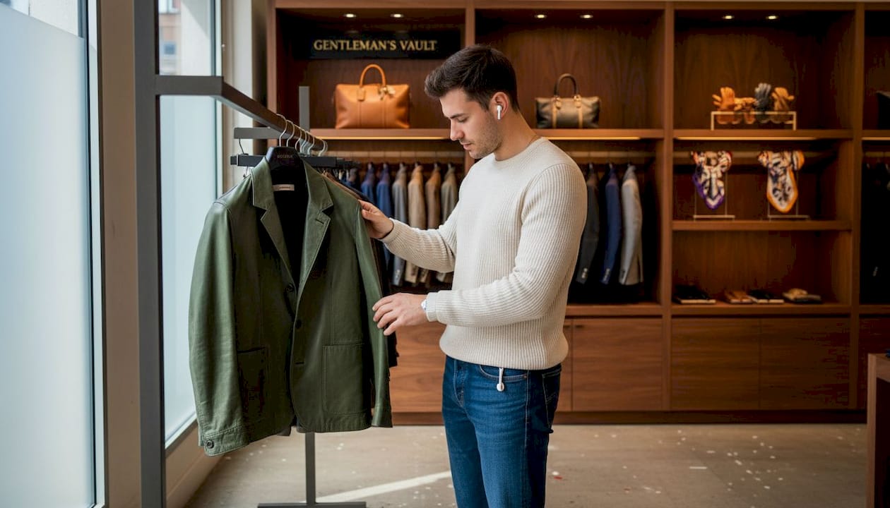 Uomo che si lascia ispirare tra le proposte esclusive di moda in una boutique raffinata.