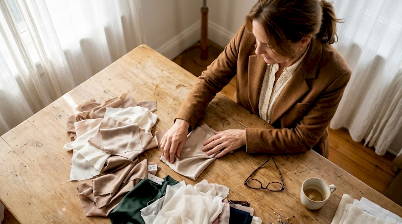 Eine Frau breitet luxuriöse Stoffe aus, die sich perfekt für elegante Abendkleider eignen.
