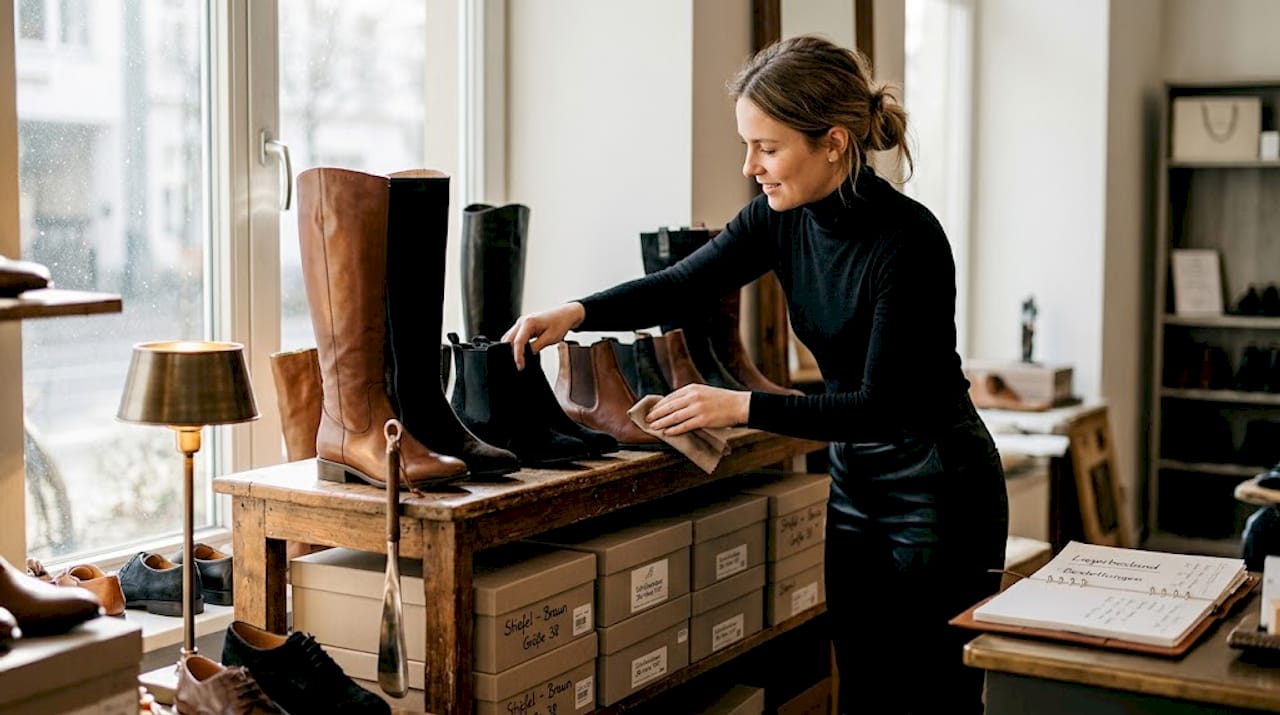 Eine Mitarbeiterin sortiert exklusive Designerstiefel im Schaufenster der Boutique.