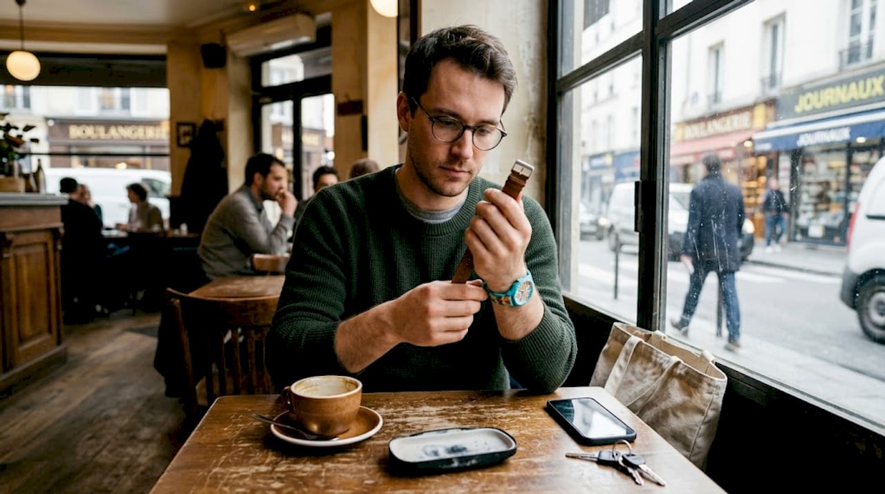 Dans l'ambiance feutrée d'un café, un homme prend le temps de choisir une montre au caractère affirmé.