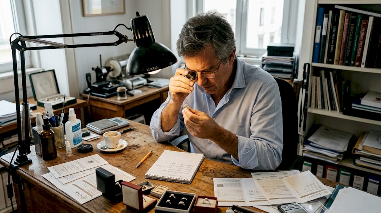 Especialista em joalharia a analisar um anel de diamantes sobre a sua secretária.