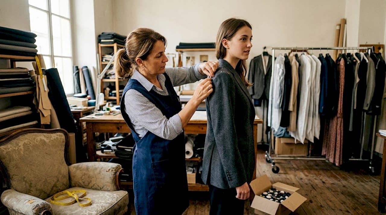 La sarta prende le misure e perfeziona l’abito direttamente sulla modella nel suo atelier.