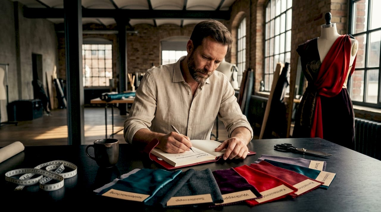 Ein Modedesigner fertigt Skizzen im Atelier an.
