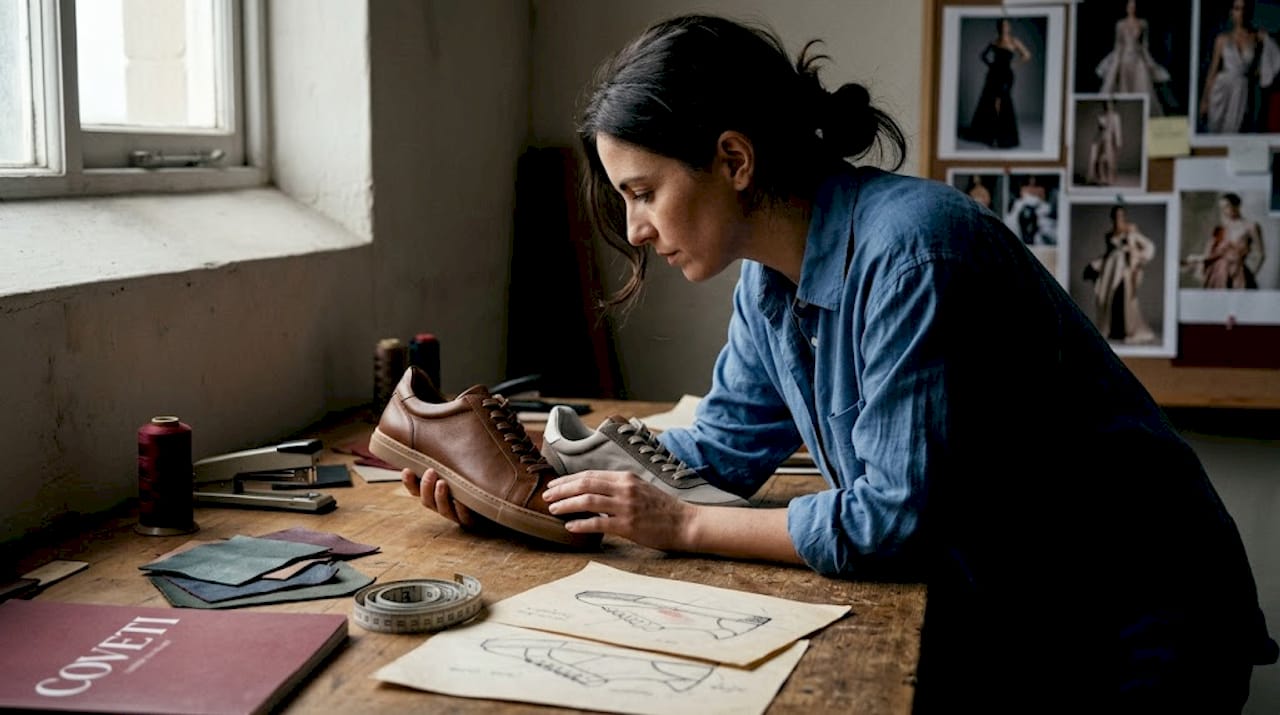 Ein Designer nimmt Ledersneaker und Modelle aus Kunstleder genau unter die Lupe und vergleicht deren Qualität, Tragekomfort und Stil.