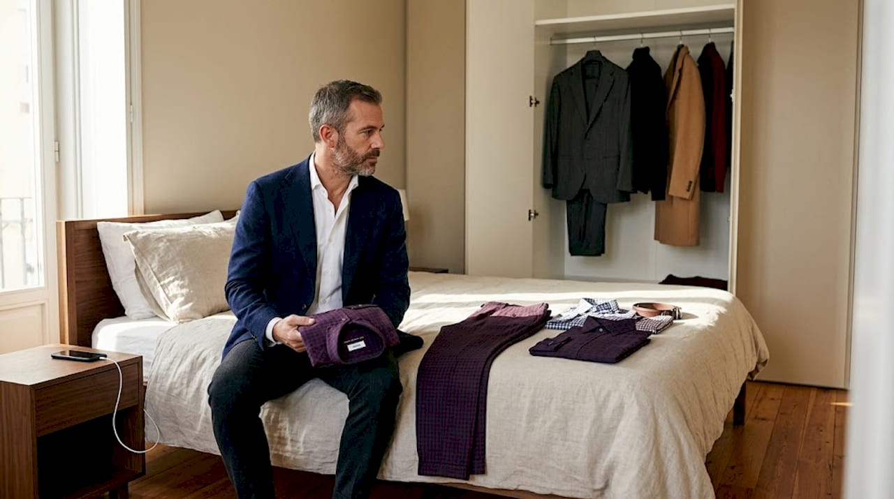 Replica Luxury Handbagm a escolher peças de roupa para um guarda-roupa minimalista, espalhadas sobre a cama