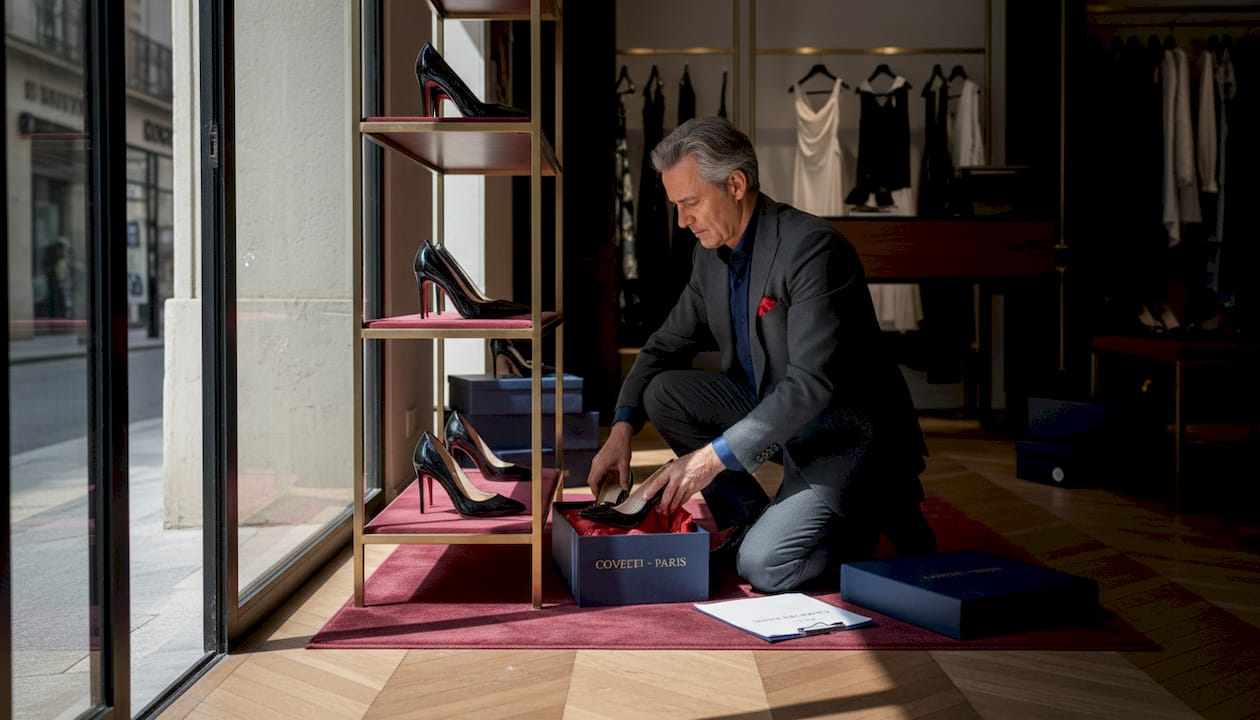 Le responsable de la boutique prend soin de disposer élégamment les chaussures de créateur en vitrine.