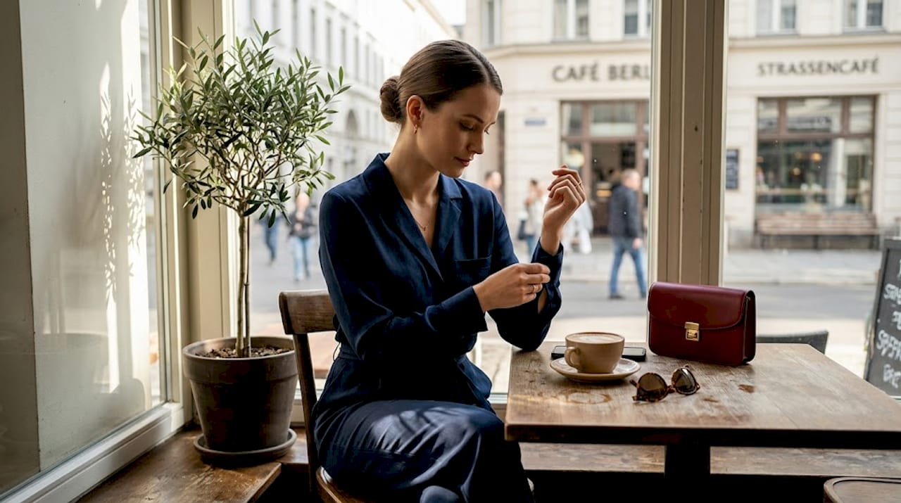 Eine Frau sitzt im Café und trägt einen schicken Jumpsuit.