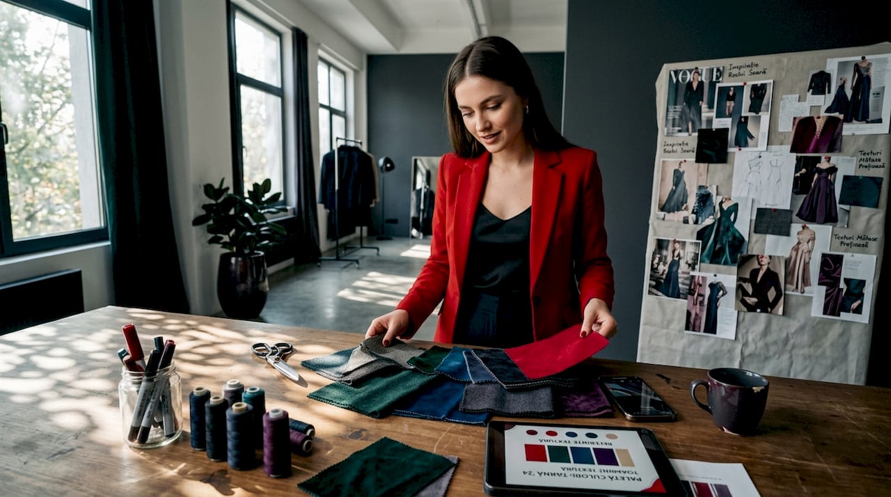O femeie așază și organizează diferite materiale textile pe masa de lucru a unui designer.