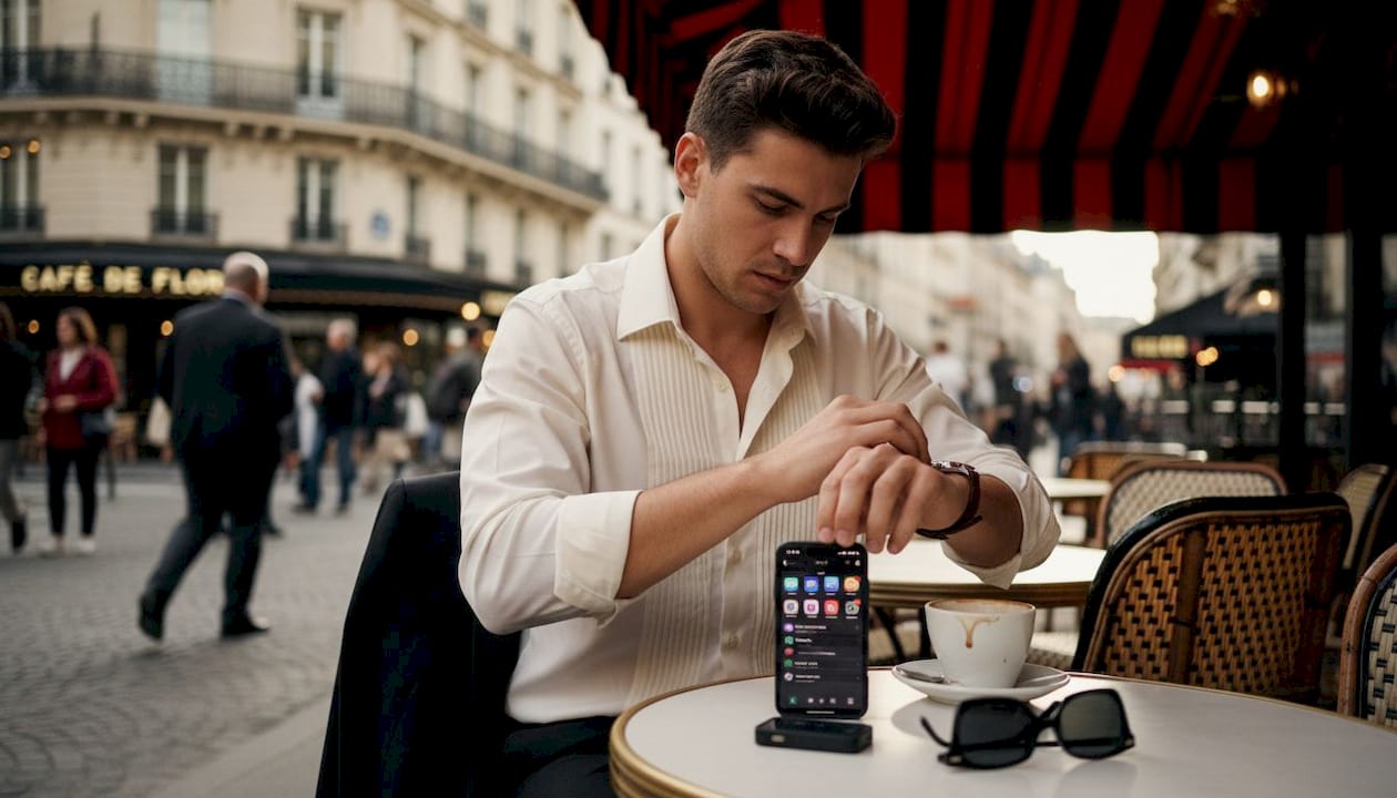 Un homme règle sa montre en terrasse d’un café parisien.