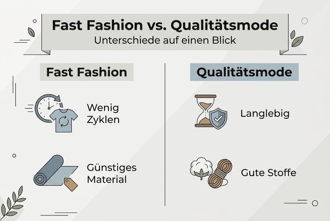 Vergleichsgrafik: Fast Fashion vs. hochwertige Mode – Was unterscheidet schnelle Trends von langlebiger Qualität?