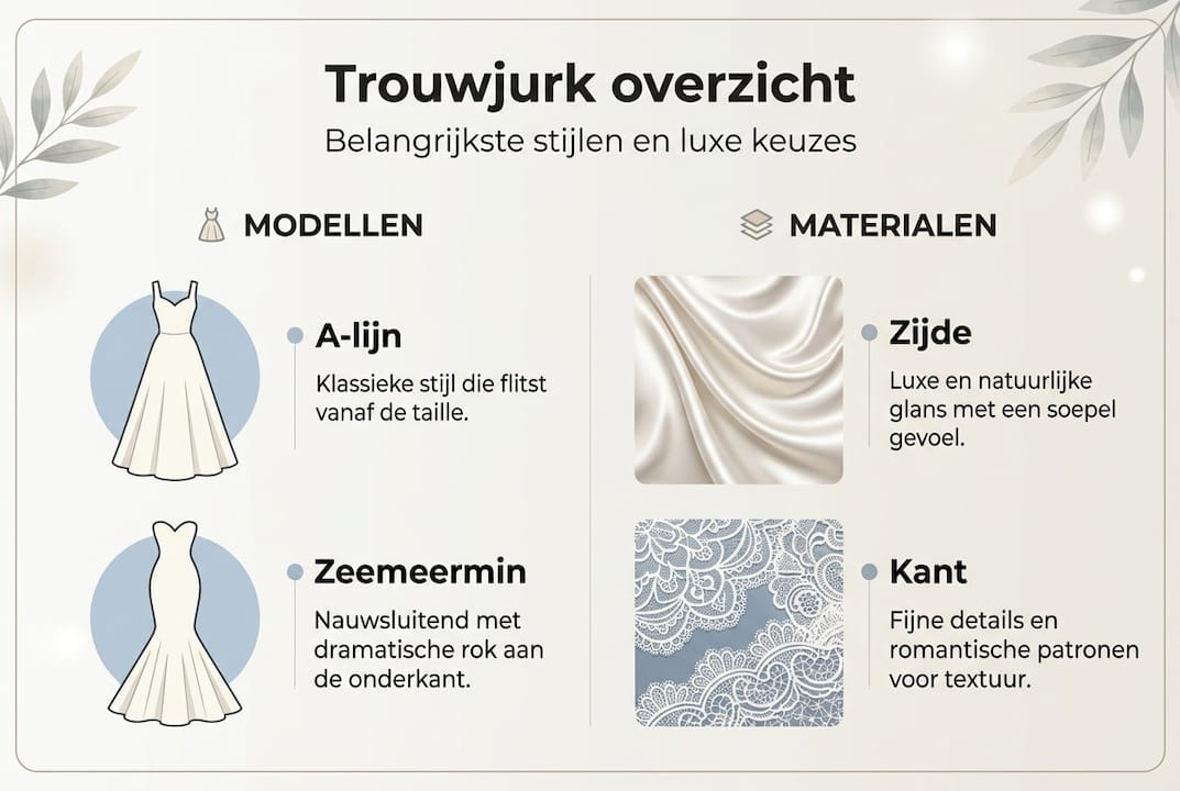 Overzichtelijke infographic met verschillende stijlen trouwjurken en de gebruikte stoffen