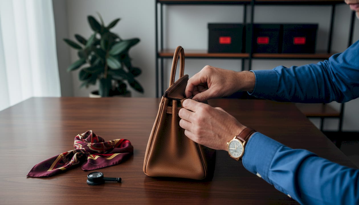 Unas manos revisan al detalle un bolso Hermès.
