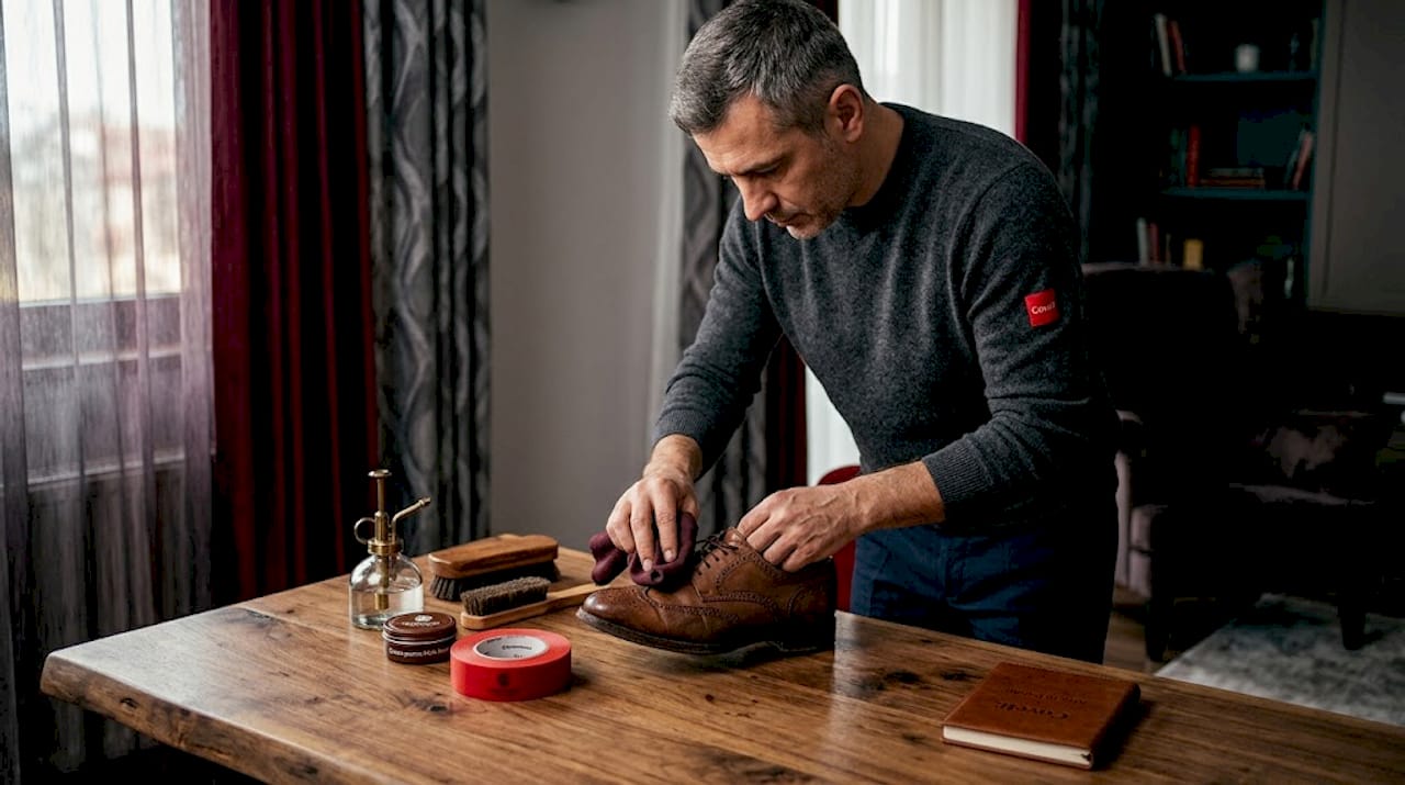 Un bărbat își lustruiește cu grijă pantofii eleganți, așezați pe masă.