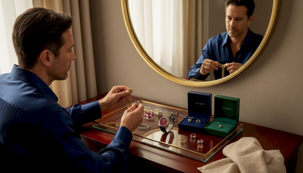 Un homme examine attentivement des bijoux en or et en argent posés sur sa coiffeuse, cherchant à déterminer lesquels lui conviennent le mieux.