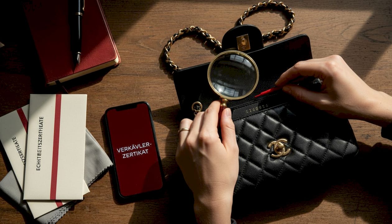 Mit einer Lupe werden die Details einer Chanel-Tasche genau unter die Lupe genommen.
