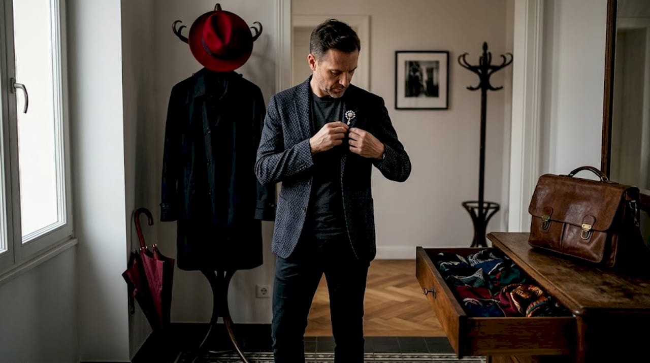Un uomo dà un tocco retrò al suo blazer moderno aggiungendo una spilla vintage.
