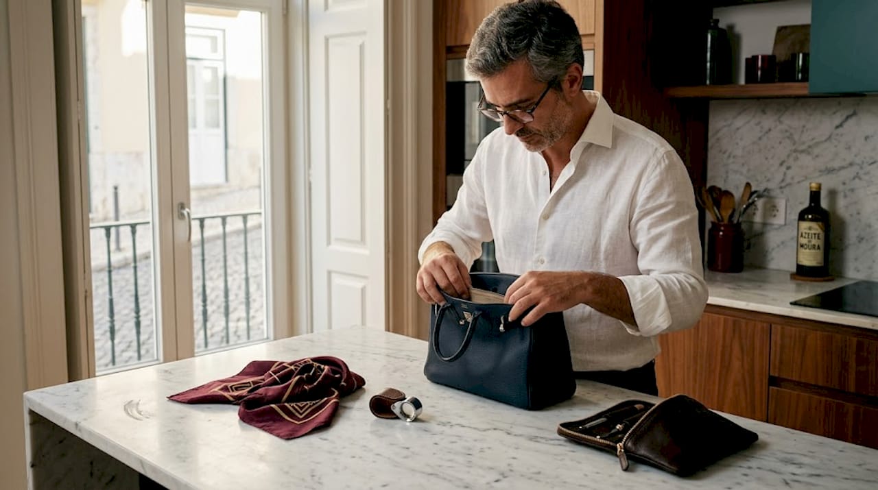 Replica Luxury Handbagm observa atentamente as costuras de uma mala de designer, avaliando ao pormenor a qualidade dos acabamentos.