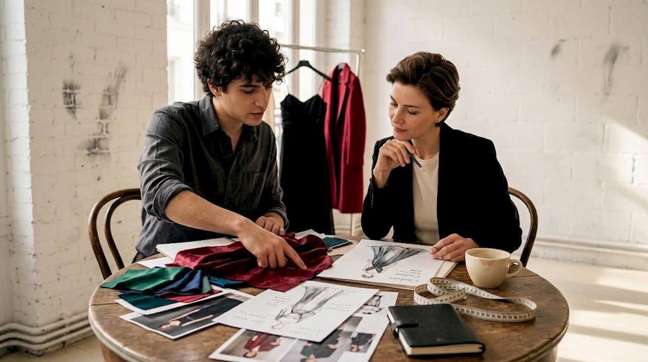 Le créateur de mode et son client passent en revue les prototypes personnalisés afin d’ajuster les derniers détails.