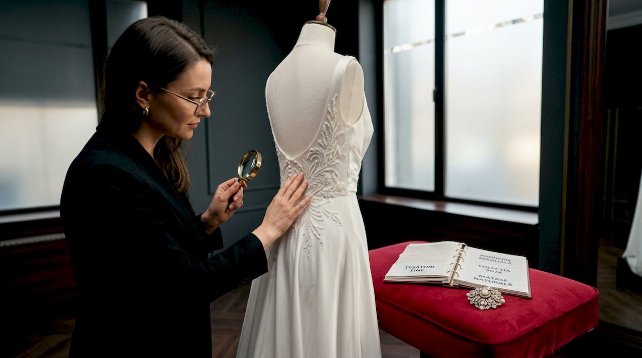 Consultantă de modă analizând cu atenție broderia rochiei de mireasă