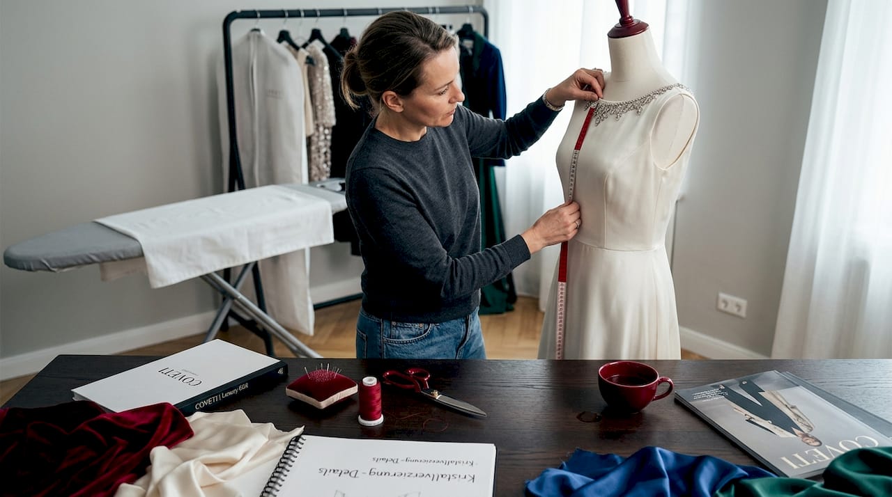 Eine Designerin verleiht einem Brautkleid mit schlichtem Ausschnitt das gewisse Etwas.