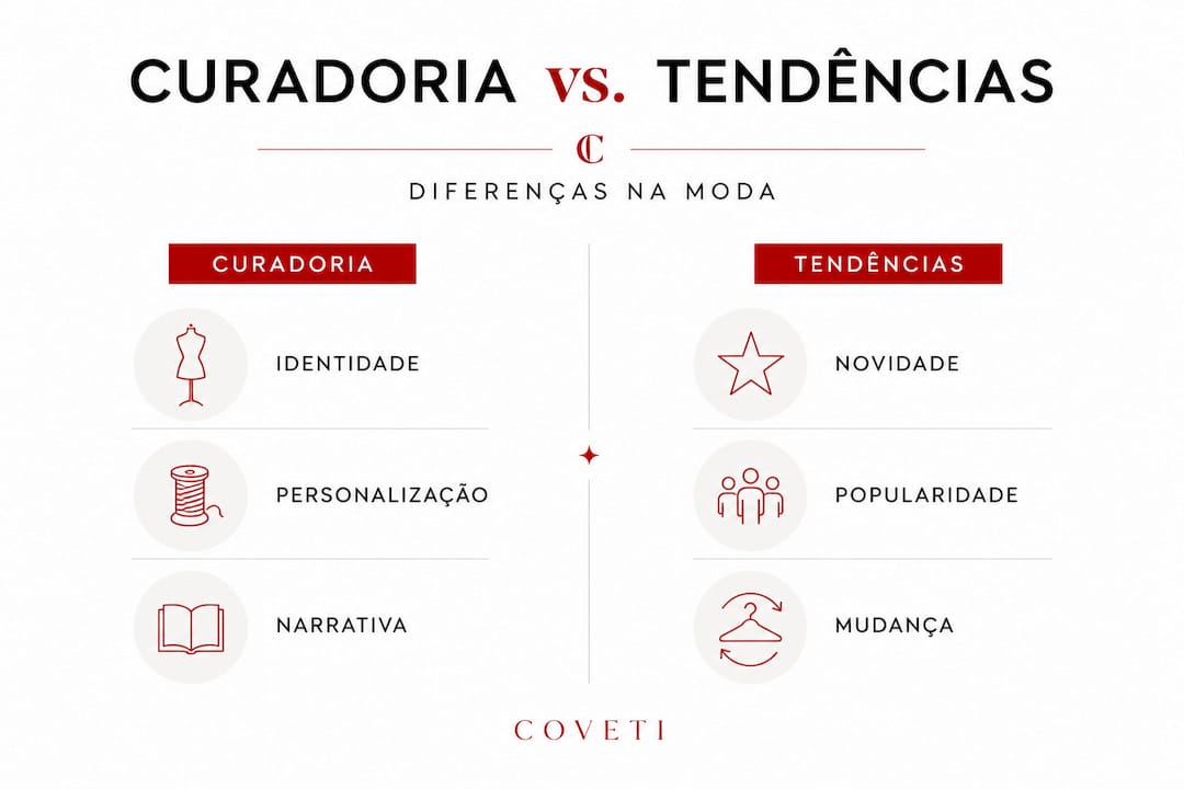 Infográfico analisa as diferenças entre curadoria e tendências no mundo da moda