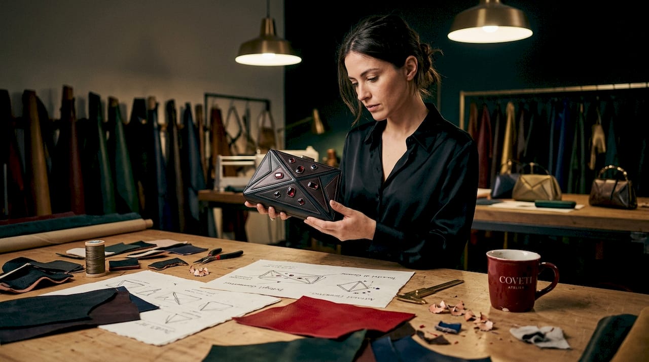 Una designer esamina con attenzione una clutch dal design architettonico.