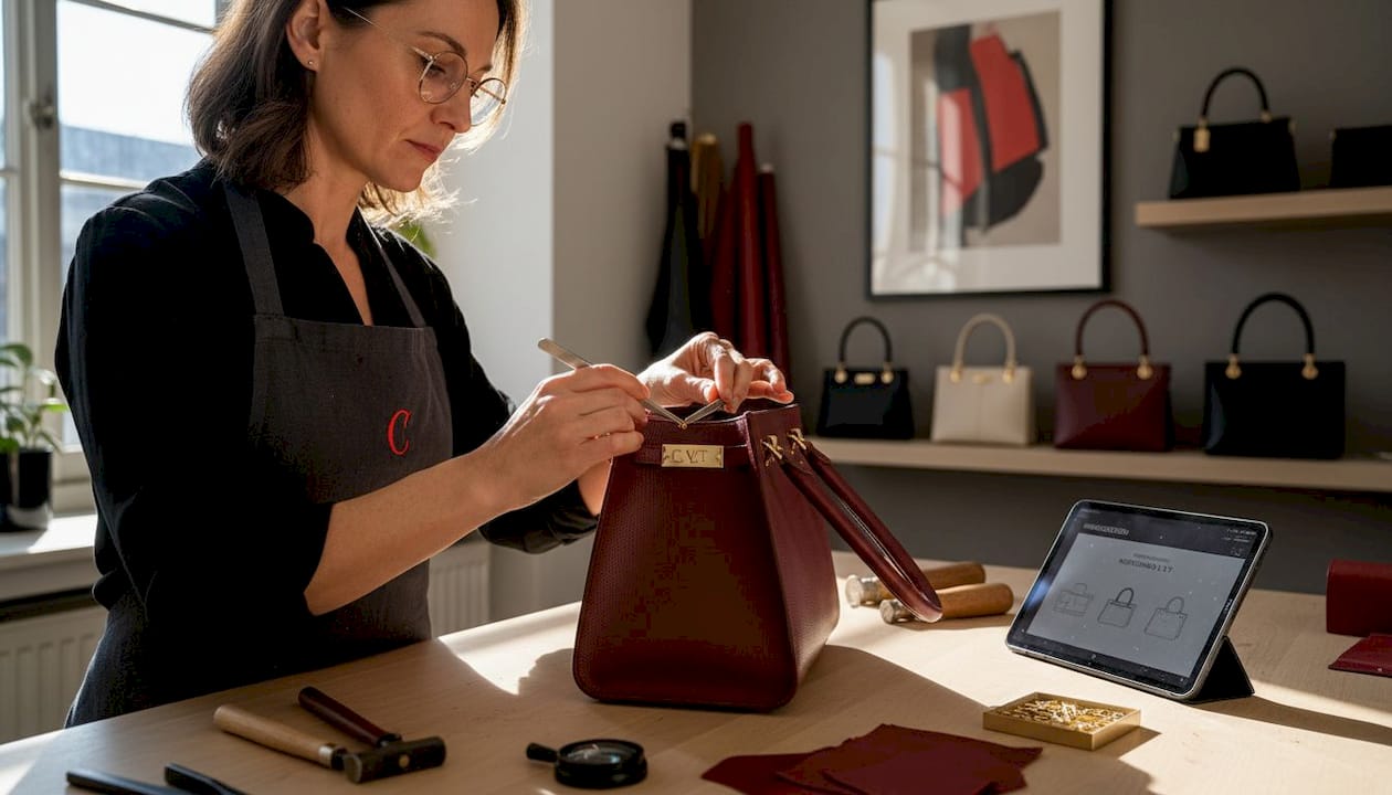 Eine erfahrene Handwerkerin verleiht einer exklusiven Ledertasche eine individuelle Note.