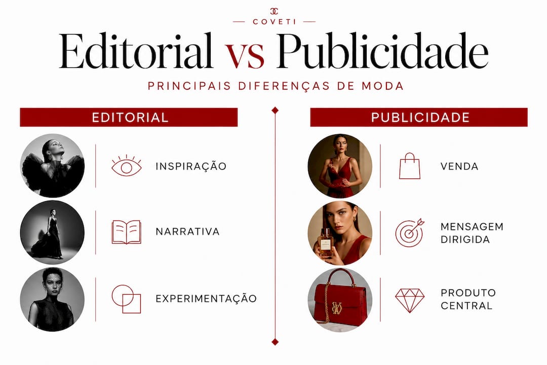 Infográfico que destaca as principais diferenças entre editorial de moda e campanhas publicitárias