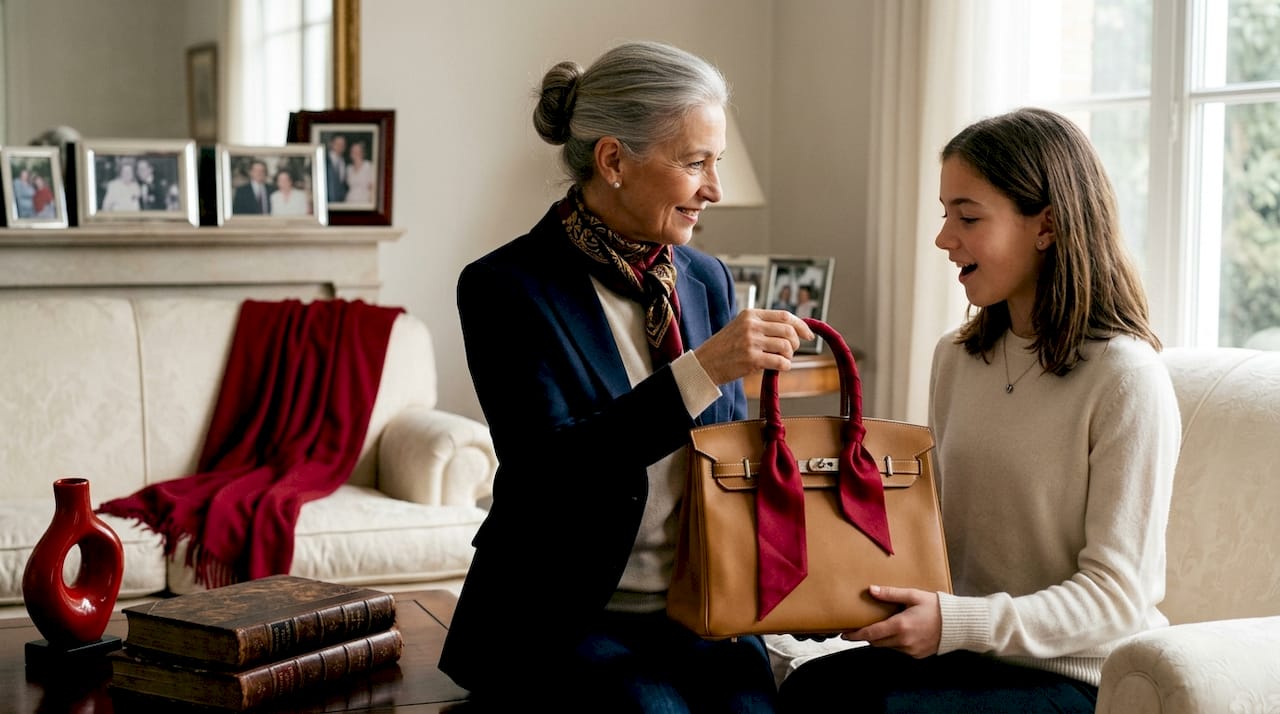 La abuela le regala a su nieta un bolso de marca