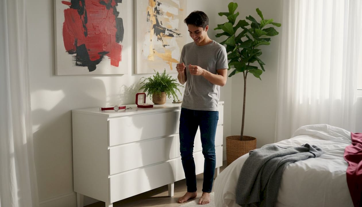 Rapaz escolhe acessórios pessoais no seu quarto moderno