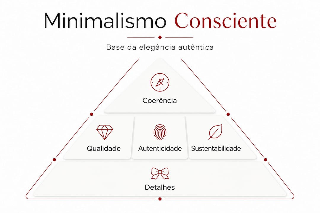 Infográfico sobre os principais pilares do minimalismo consciente aplicado à elegância