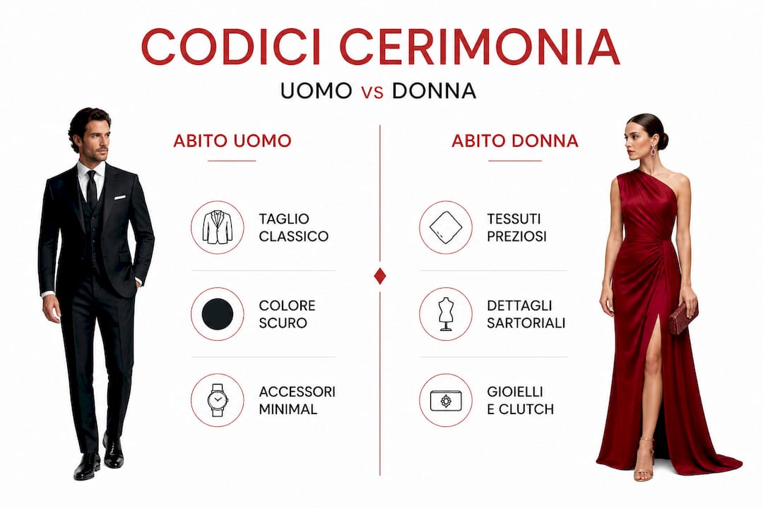 Infografica: differenze e somiglianze tra abbigliamento da cerimonia uomo e donna