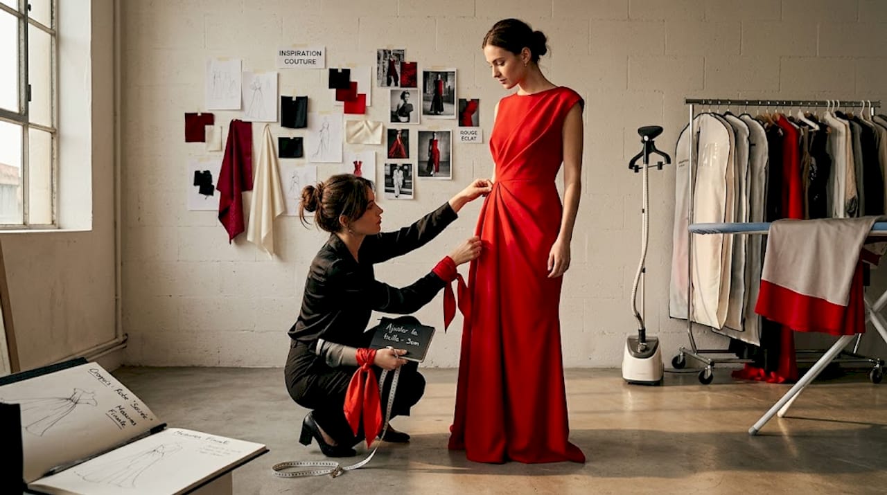 La créatrice ajuste une robe sur mannequin lors d’un essayage en atelier.