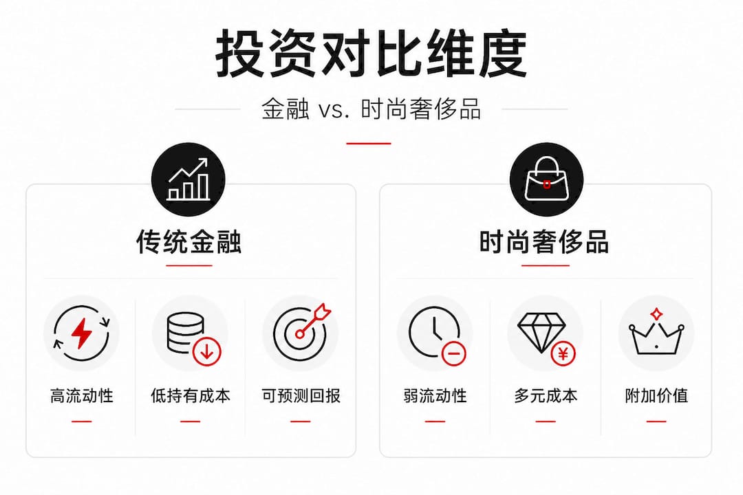 一张展现传统金融与时尚奢侈品投资不同维度的对比图