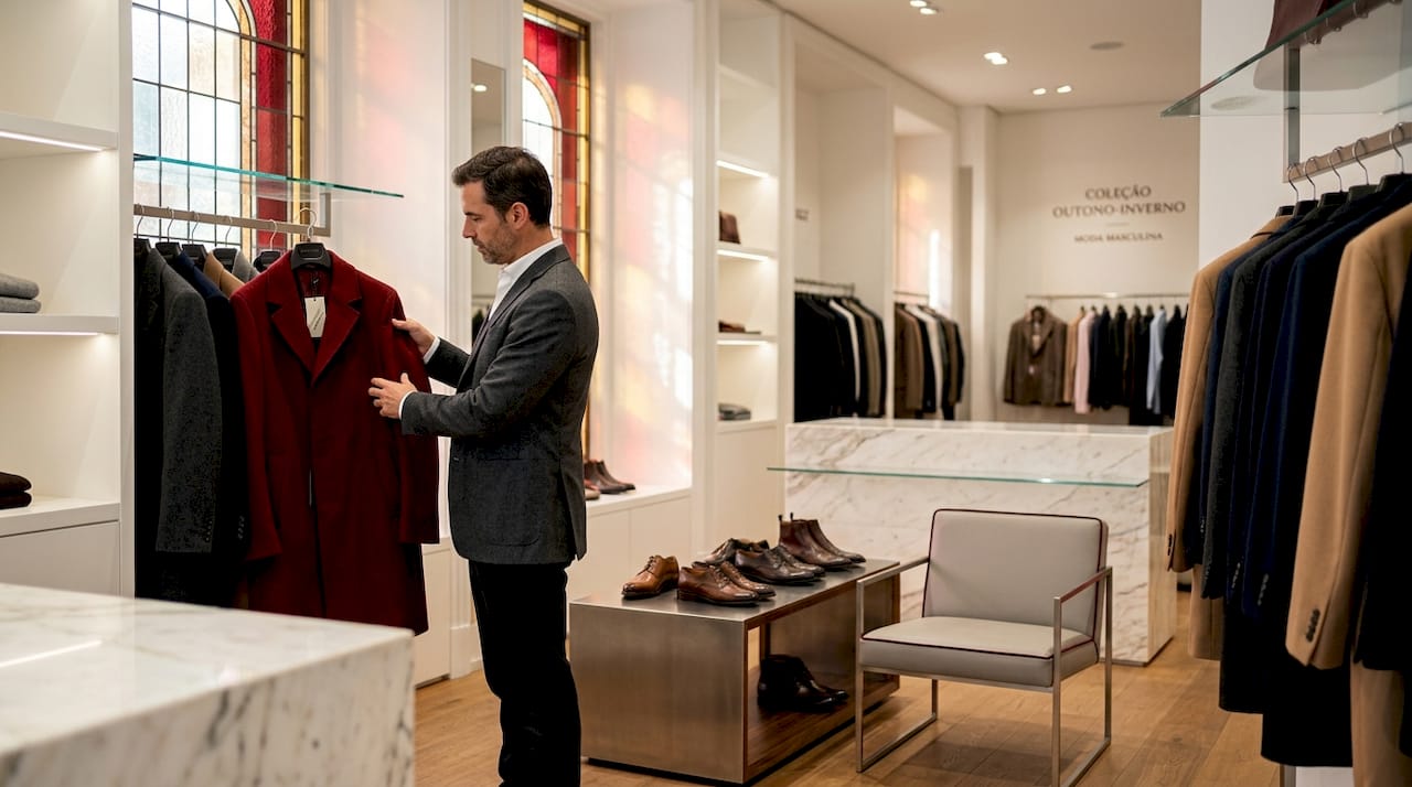 Cliente observa e analisa uma peça de roupa de estilo minimalista numa loja