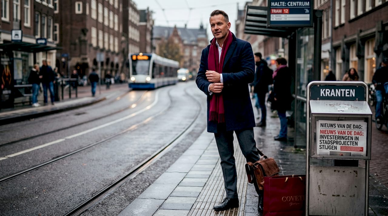 Een keurig geklede man staat te wachten bij de tramhalte.