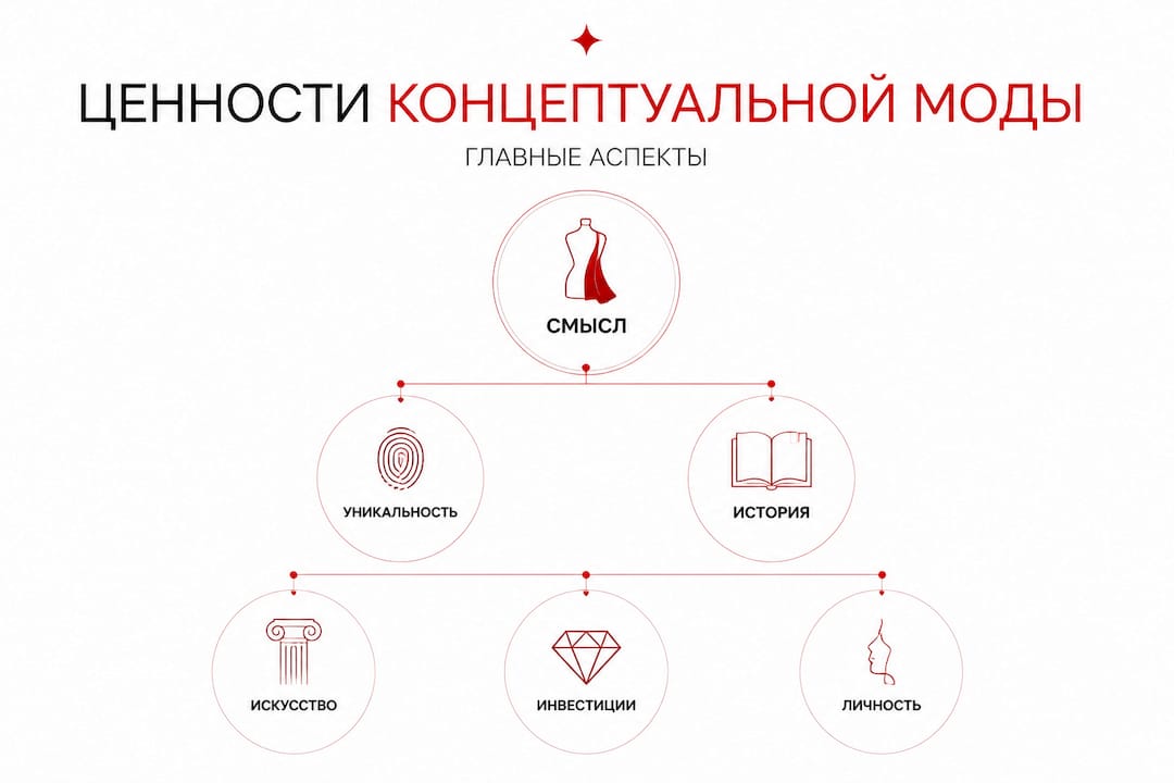 Инфографика, наглядно показывающая, как устроена система ценностей в мире концептуальной моды