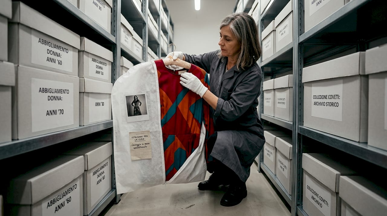 Un archivista esamina con cura un abito d’avanguardia degli anni Settanta