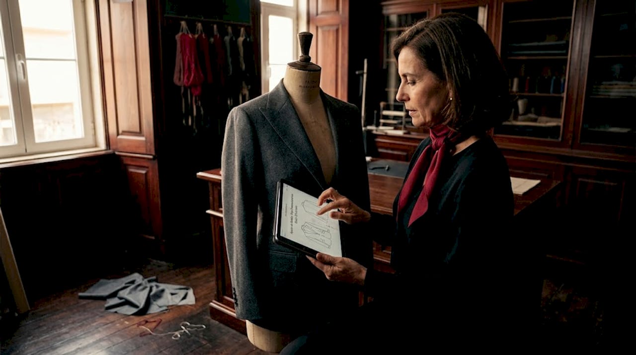 Alfaiate faz ajustes num blazer enquanto consulta um tablet