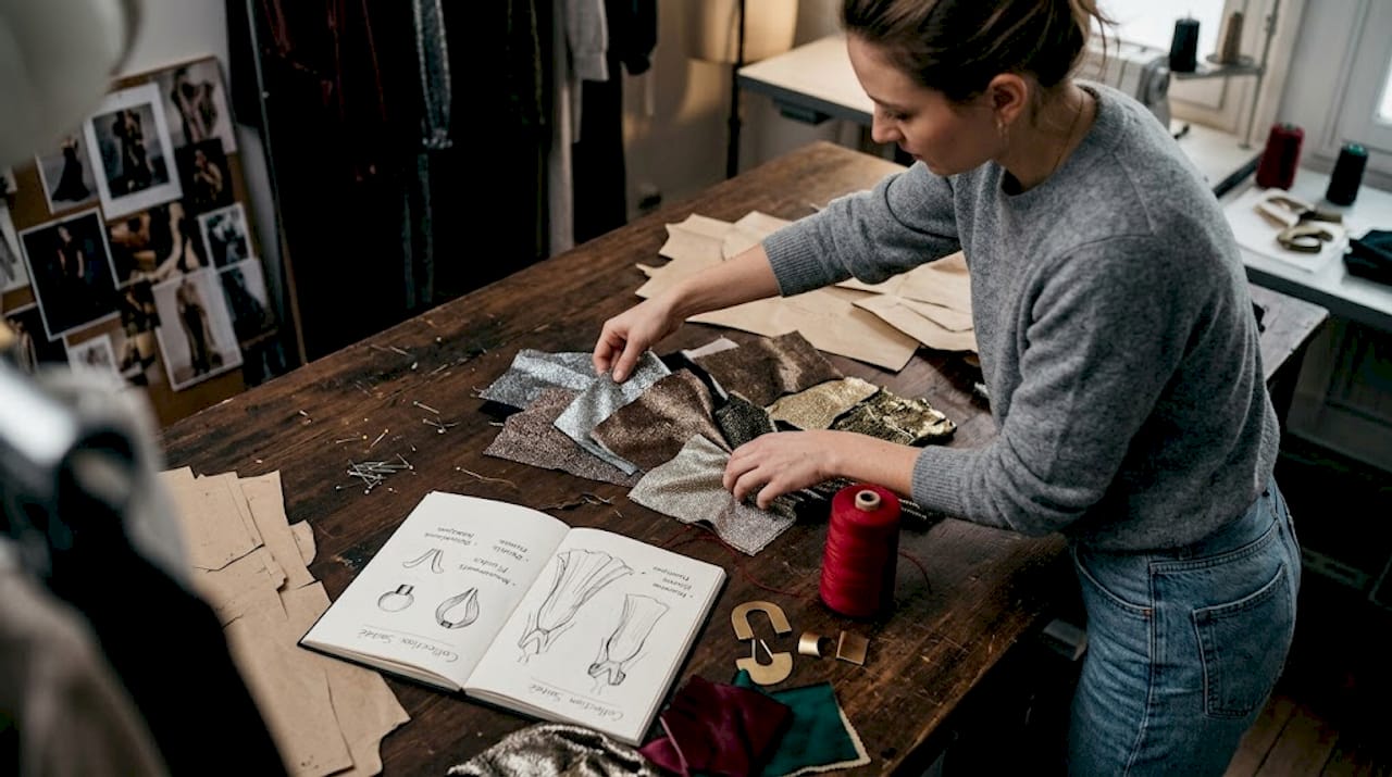 Un assistant en train de disposer avec soin des tissus audacieux et des croquis de mode sur une table, prêt à inspirer la prochaine collection.