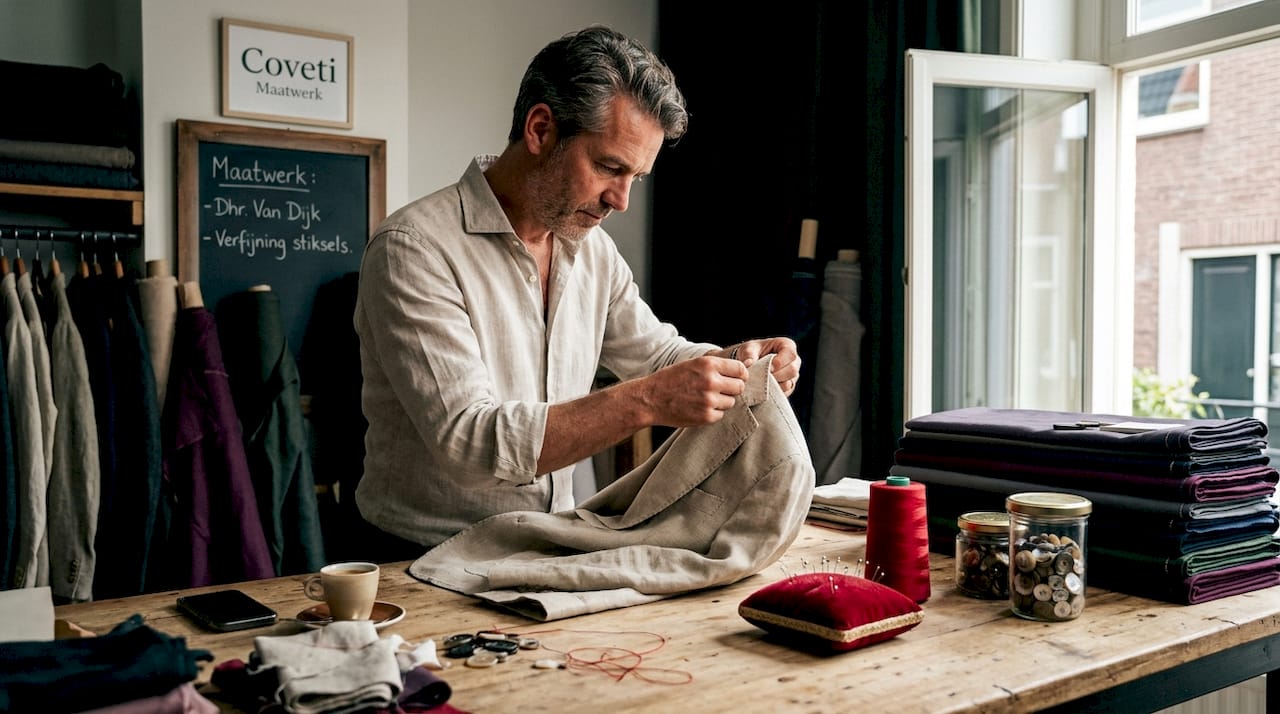 In zijn lichte atelier bekijkt de kleermaker aandachtig een met de hand genaaid colbert.