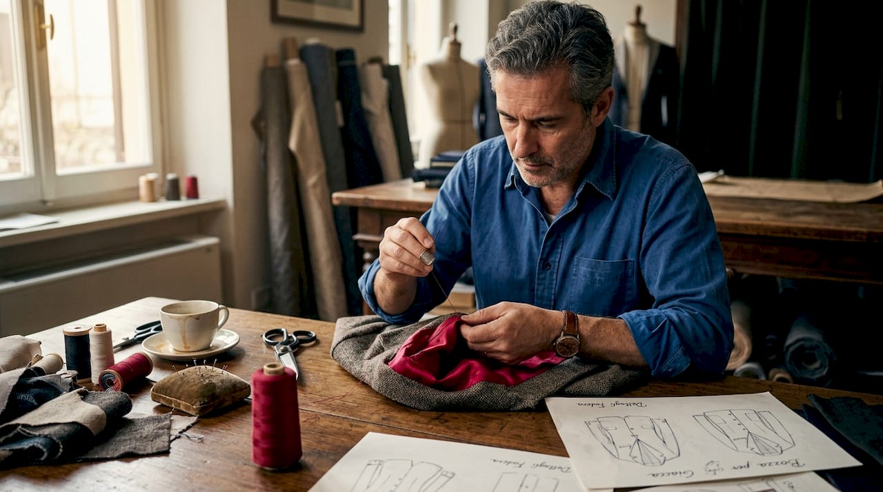 Raffinati dettagli sartoriali realizzati a mano su giacca in tweed