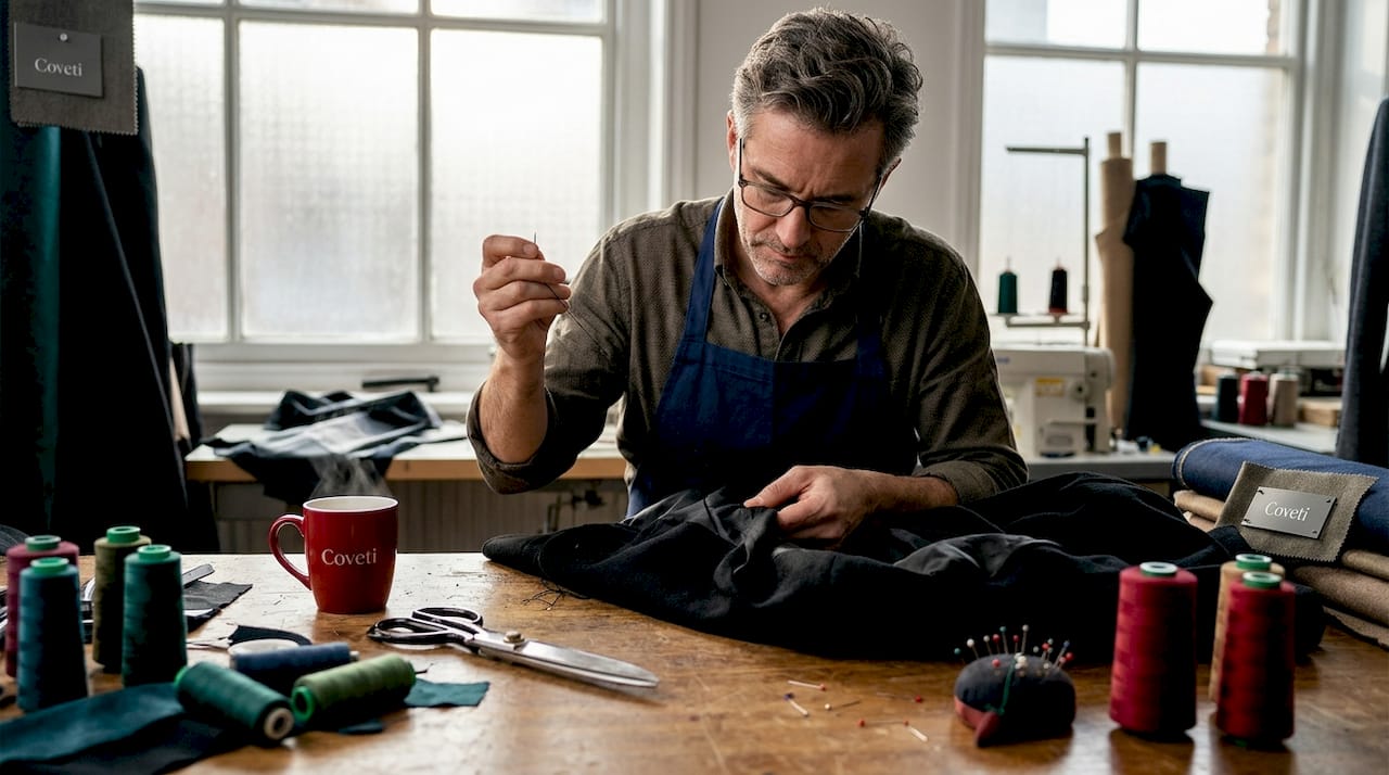 In een lichte, zonnige studio zit een modeontwerper zorgvuldig met de hand een jas af te werken.