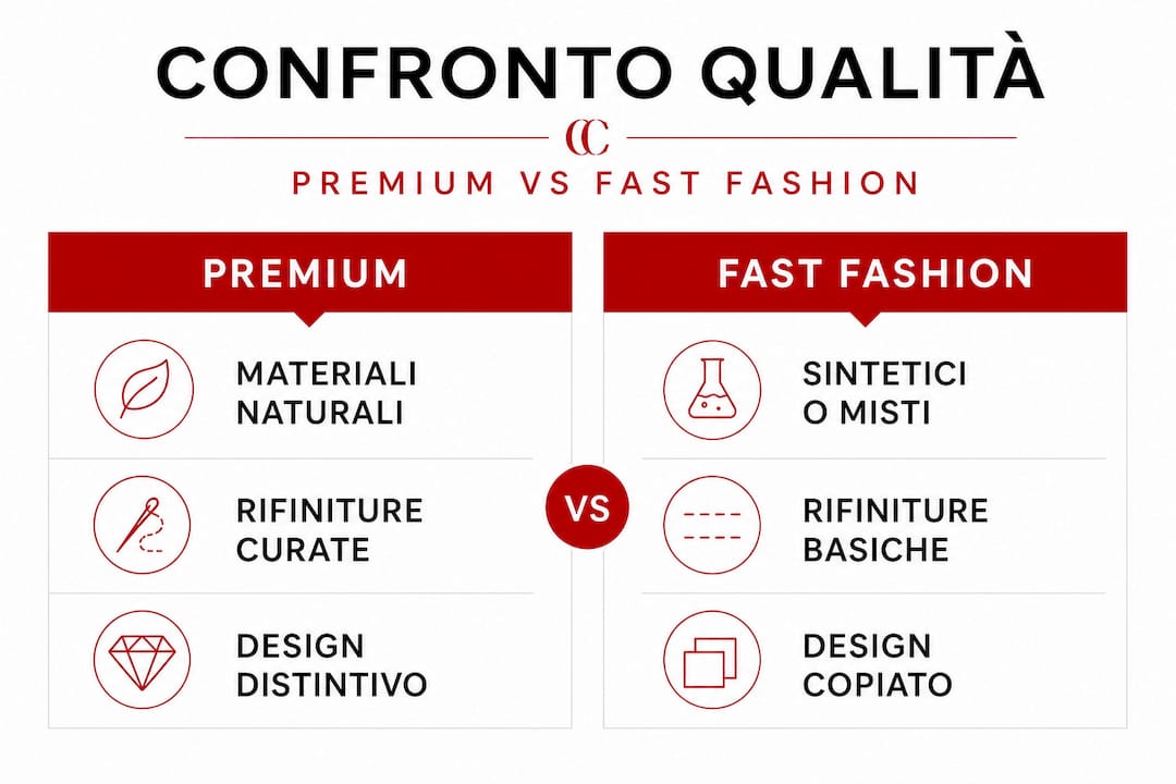 Un’infografica mette a confronto le caratteristiche della moda di lusso e quella fast fashion, evidenziando le principali differenze tra qualità, prezzo e sostenibilità.